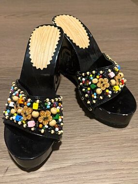 Handmade Vietnamese Beaded Platform Wedge Mules Heels Size 6